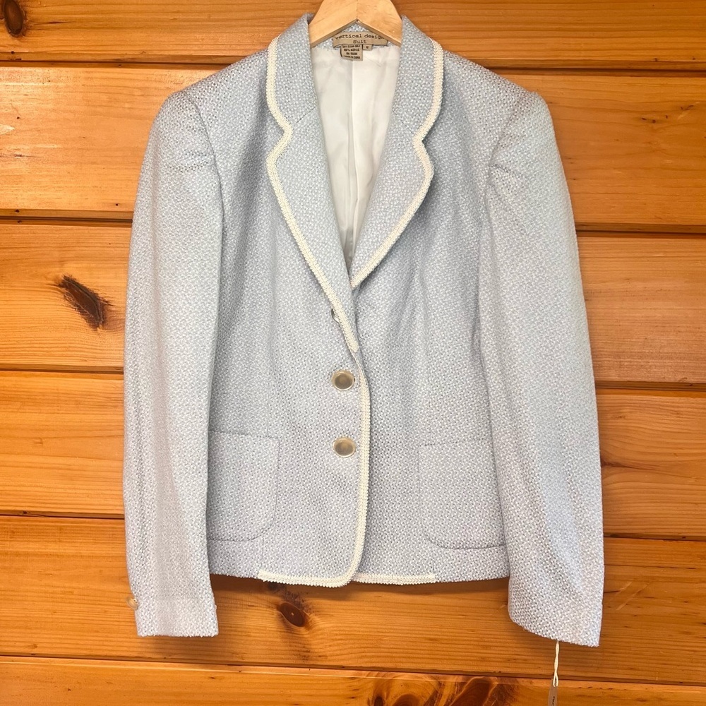 Vertical Design Collared 3 buttons Lined Blue White Long Sleeve Blazer 12
